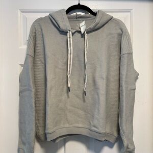 aerie Light Gray Waffle Knit Hooded Sweater